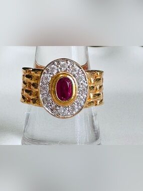 Vintage .925- Goldtone & Synthetic Ruby Ring By Edco-Size 8.5